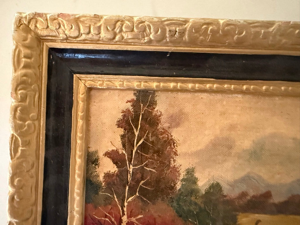 Antique American School Small Oil on Board “Pastoral Scene”
