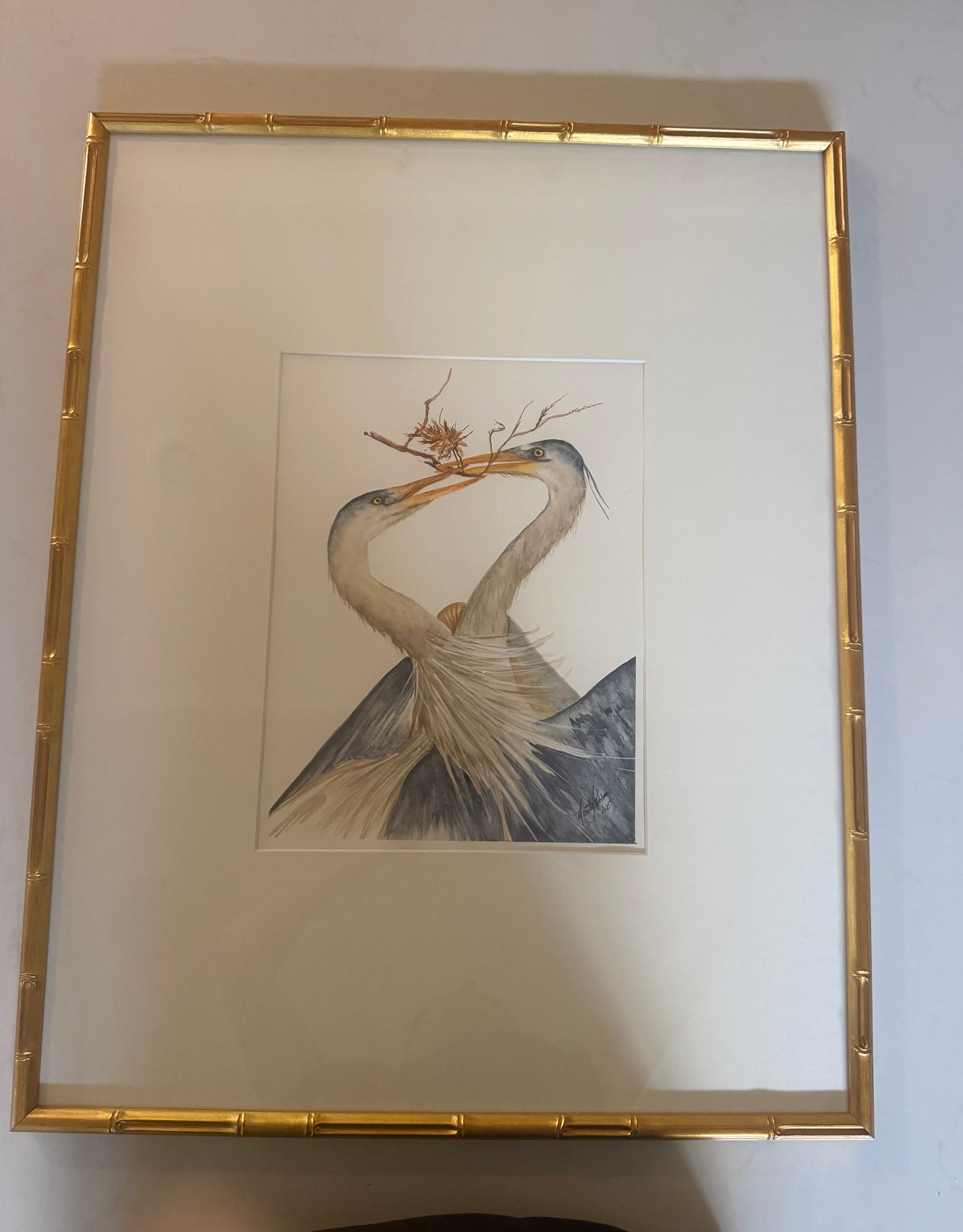 Original Water Color of Blue Herons with a Twig by Manette Kuhlmann