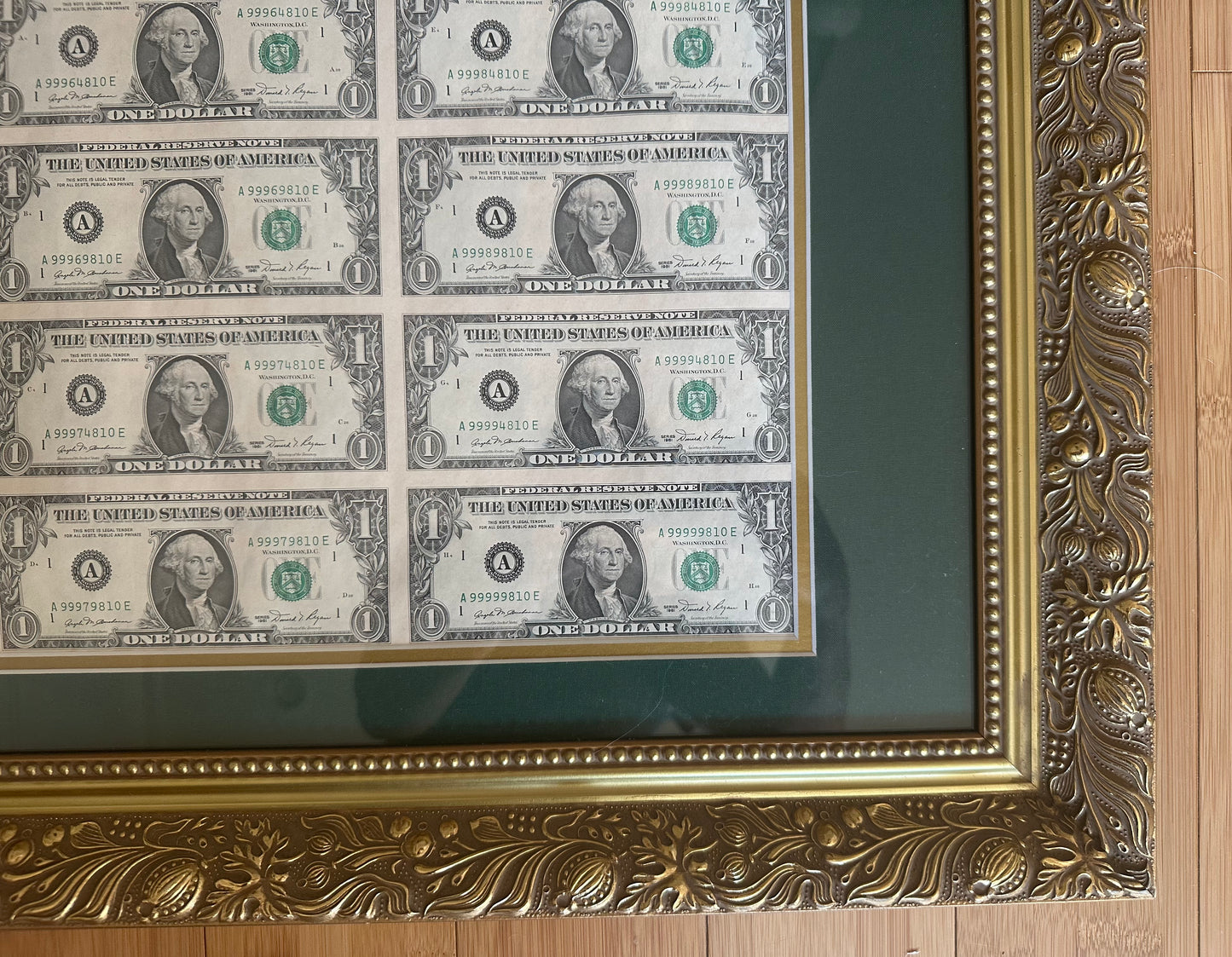 Framed sheet of Uncut Dollar Bills