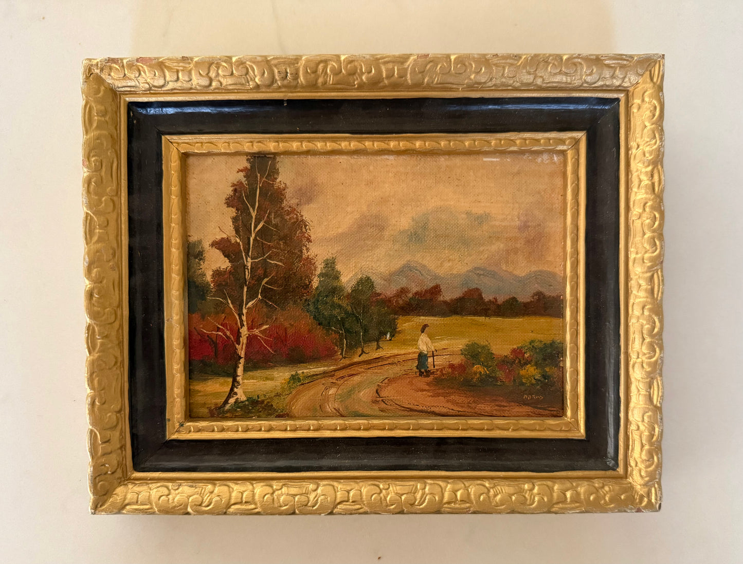 Antique American School Small Oil on Board “Pastoral Scene”
