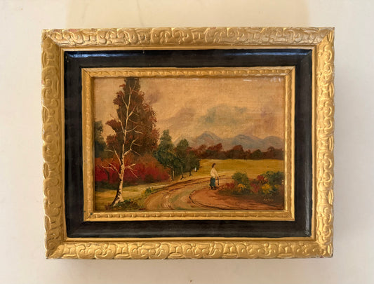 Antique American School Small Oil on Board “Pastoral Scene”