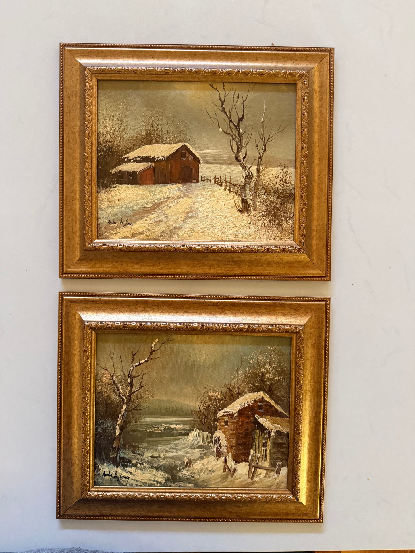Snowy Barn and Mill Landscape by Andre' De Jong (set of two)