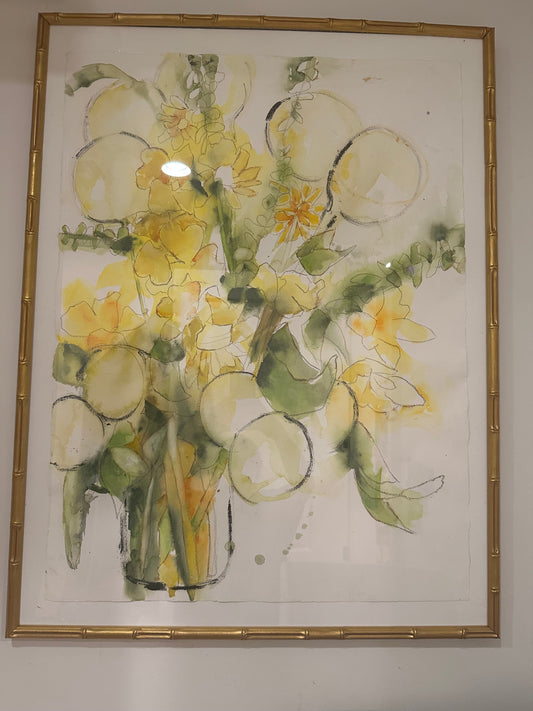 Yellow Flowers in Vase Watercolor by Pierce Bienvenu Landry Jonassen