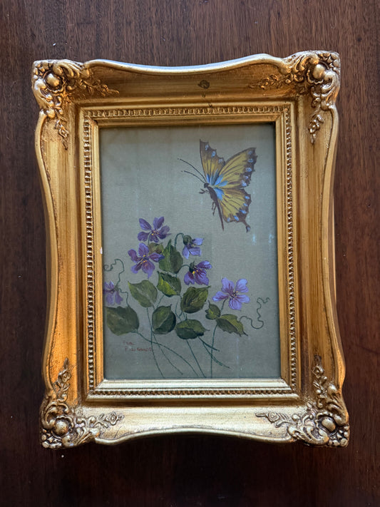 Violets and Butterfly Painting on Silk by Ella Plaisance