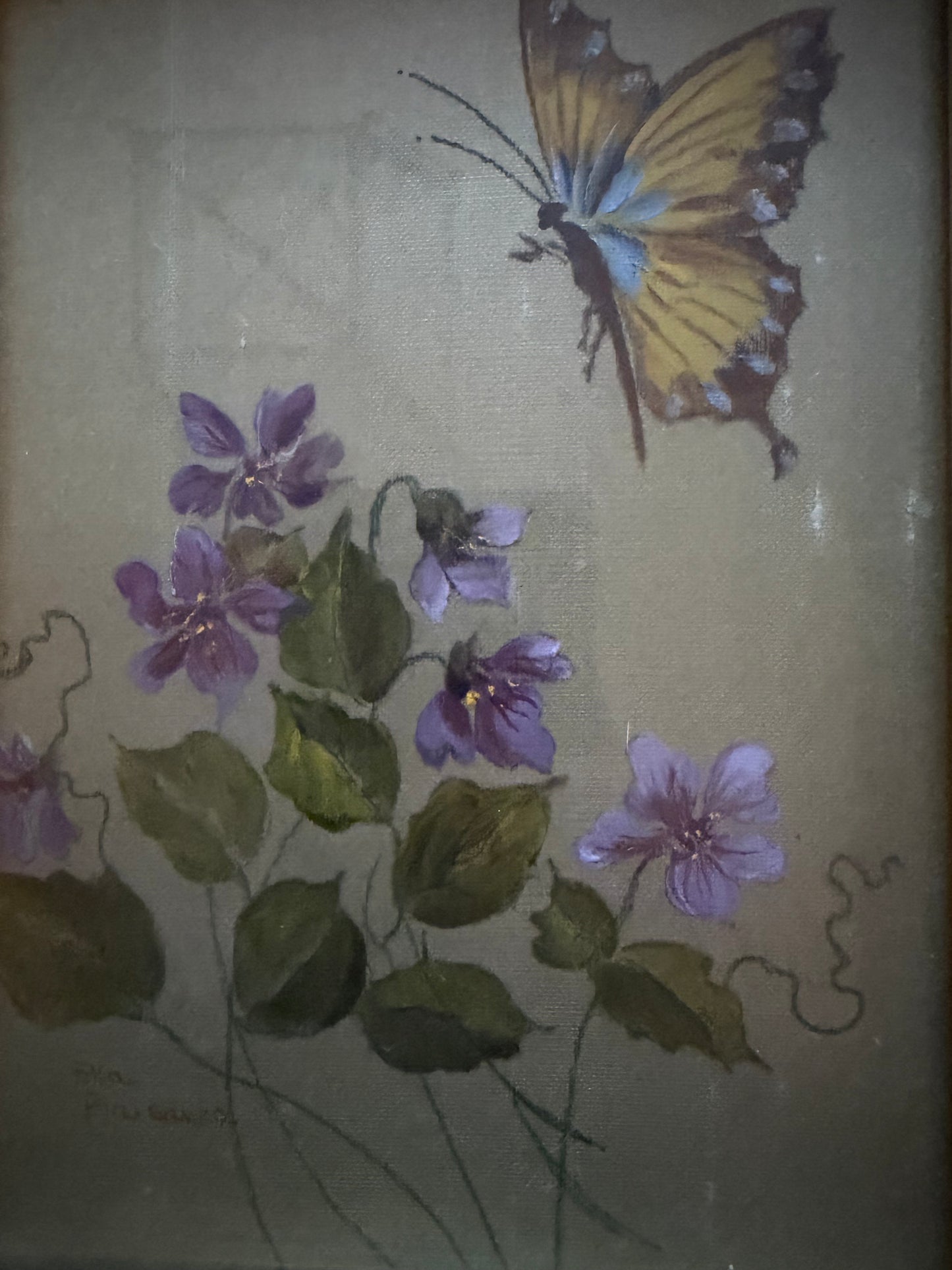 Violets and Butterfly Painting on Silk by Ella Plaisance