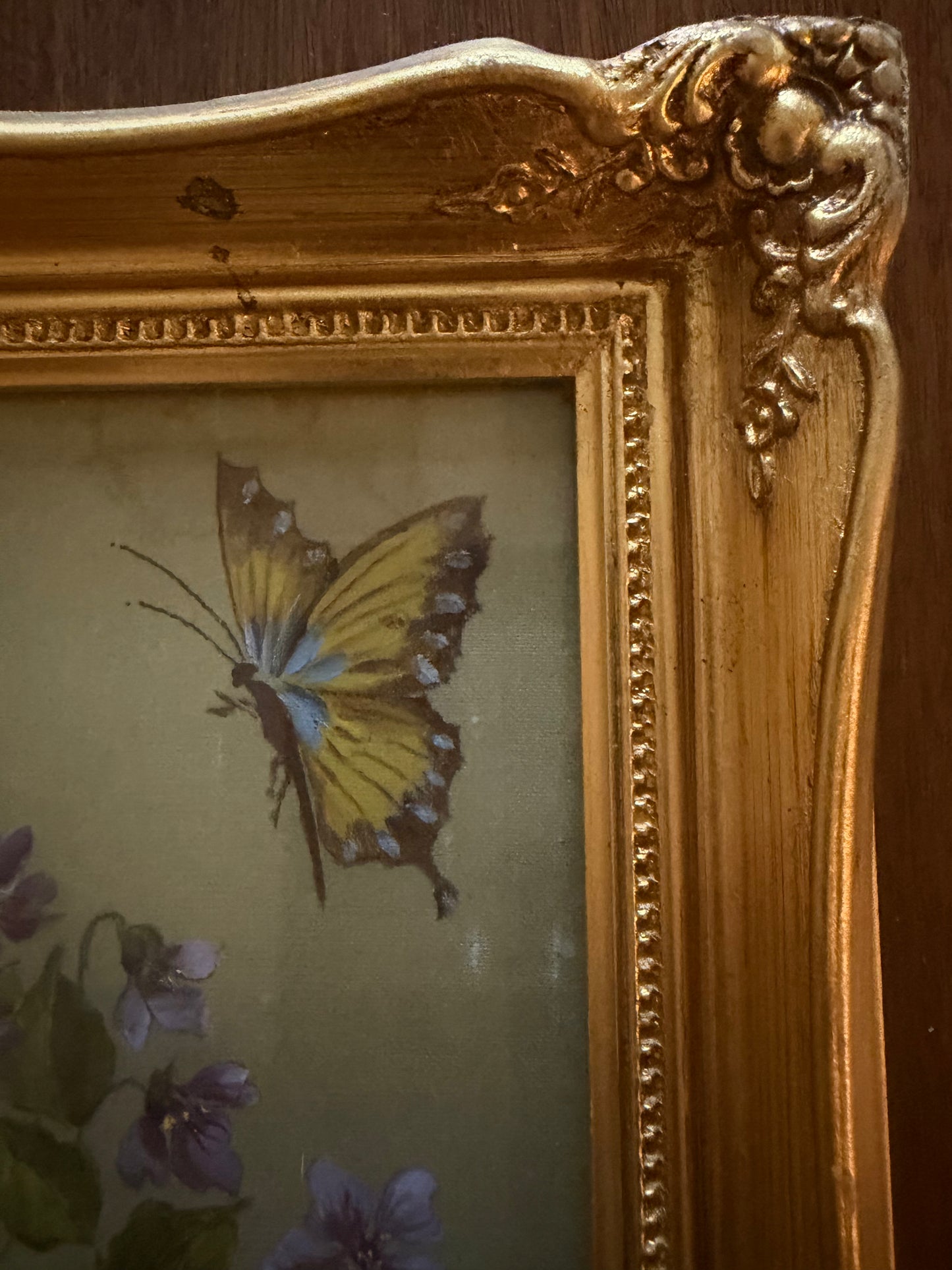 Violets and Butterfly Painting on Silk by Ella Plaisance