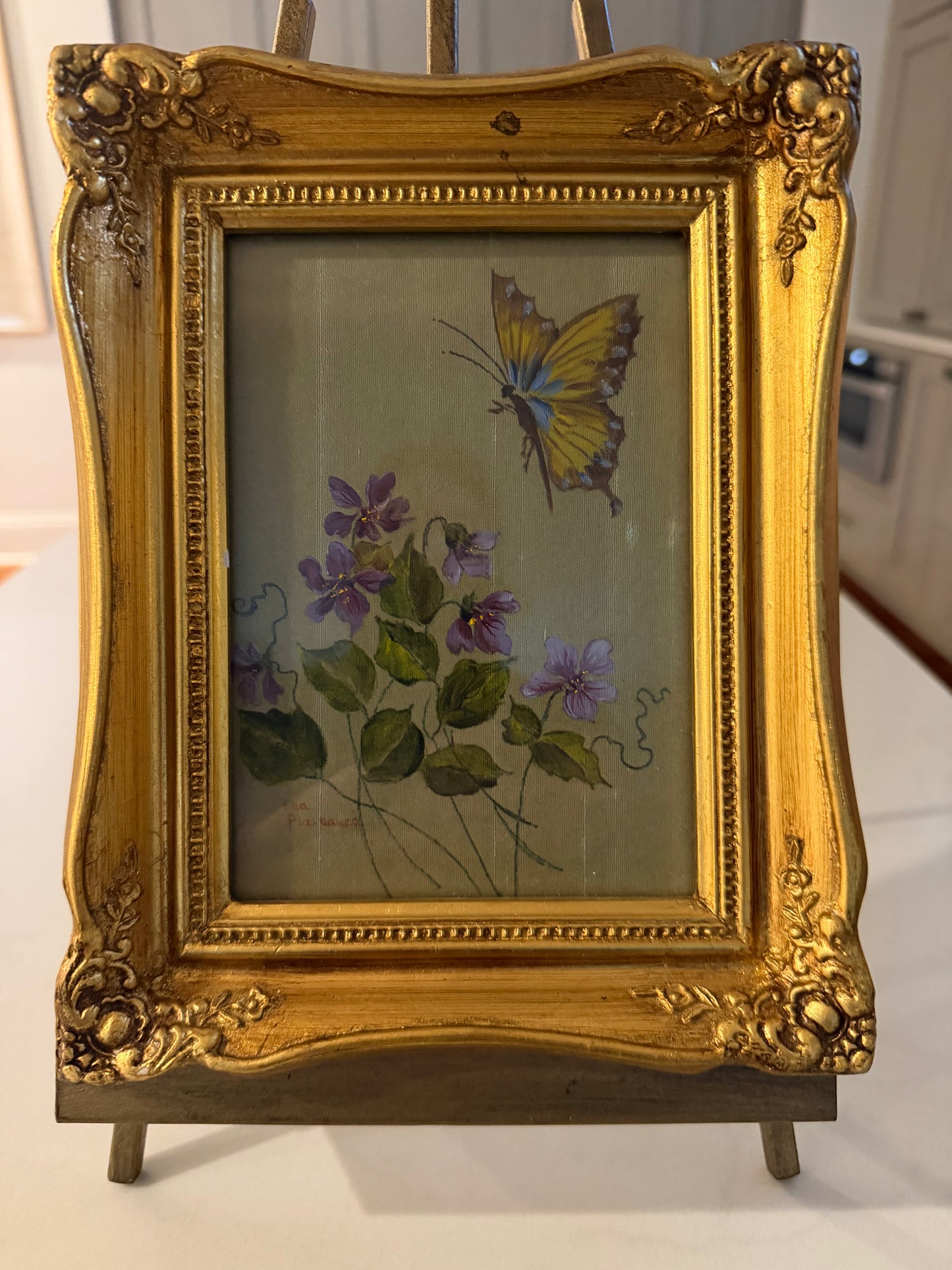 Violets and Butterfly Painting on Silk by Ella Plaisance