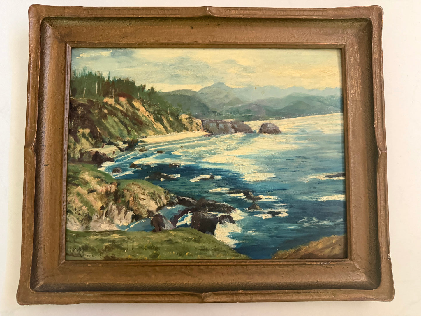 Original Artist Signed Vintage Painting on Board of a Rocky Coast Late 1920-s in Art Deco Frame