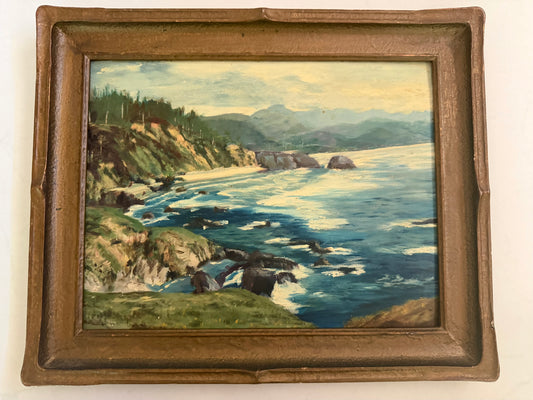 Original Artist Signed Vintage Painting on Board of a Rocky Coast Late 1920-s in Art Deco Frame