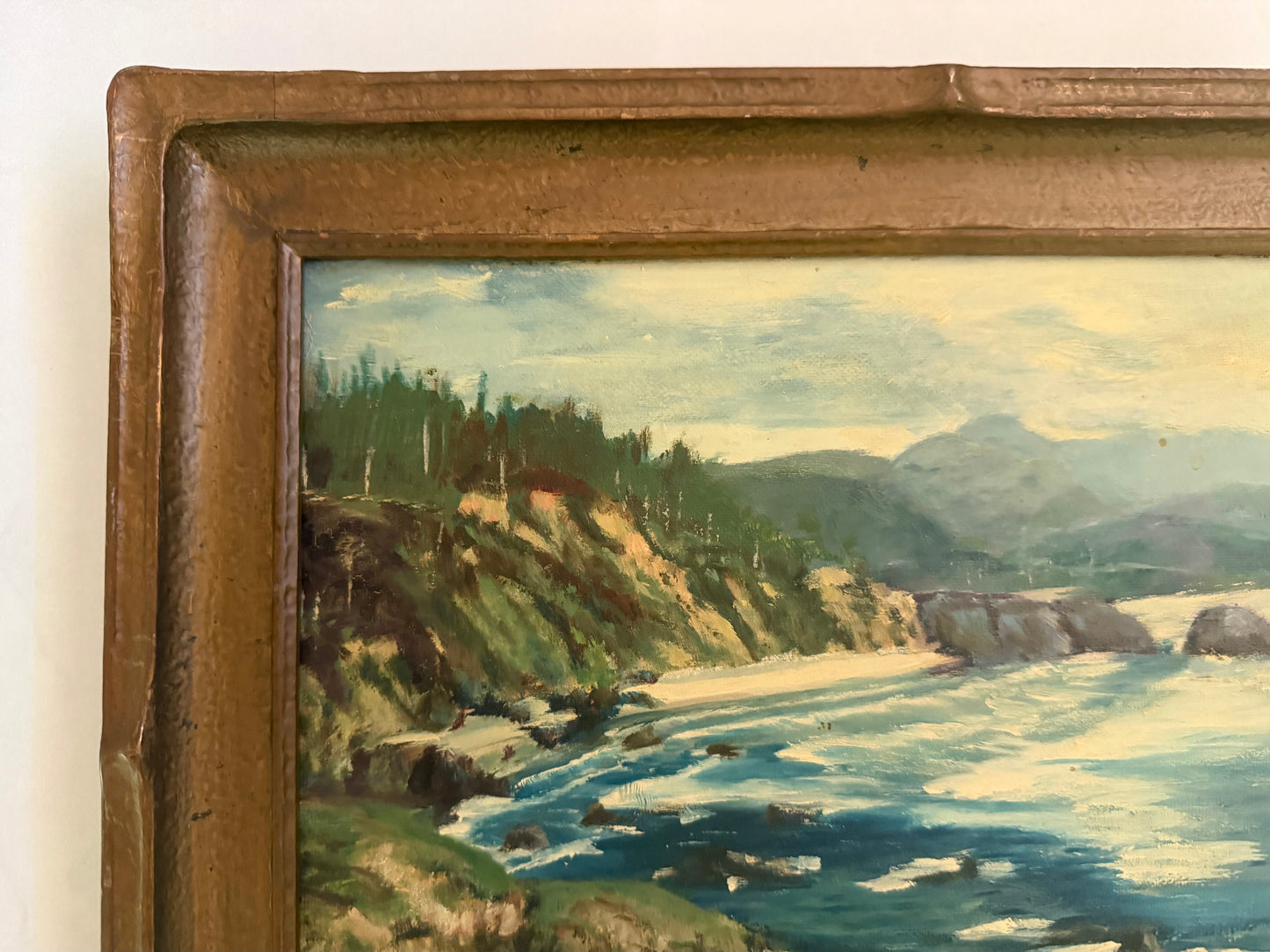 Original Artist Signed Vintage Painting on Board of a Rocky Coast Late 1920-s in Art Deco Frame