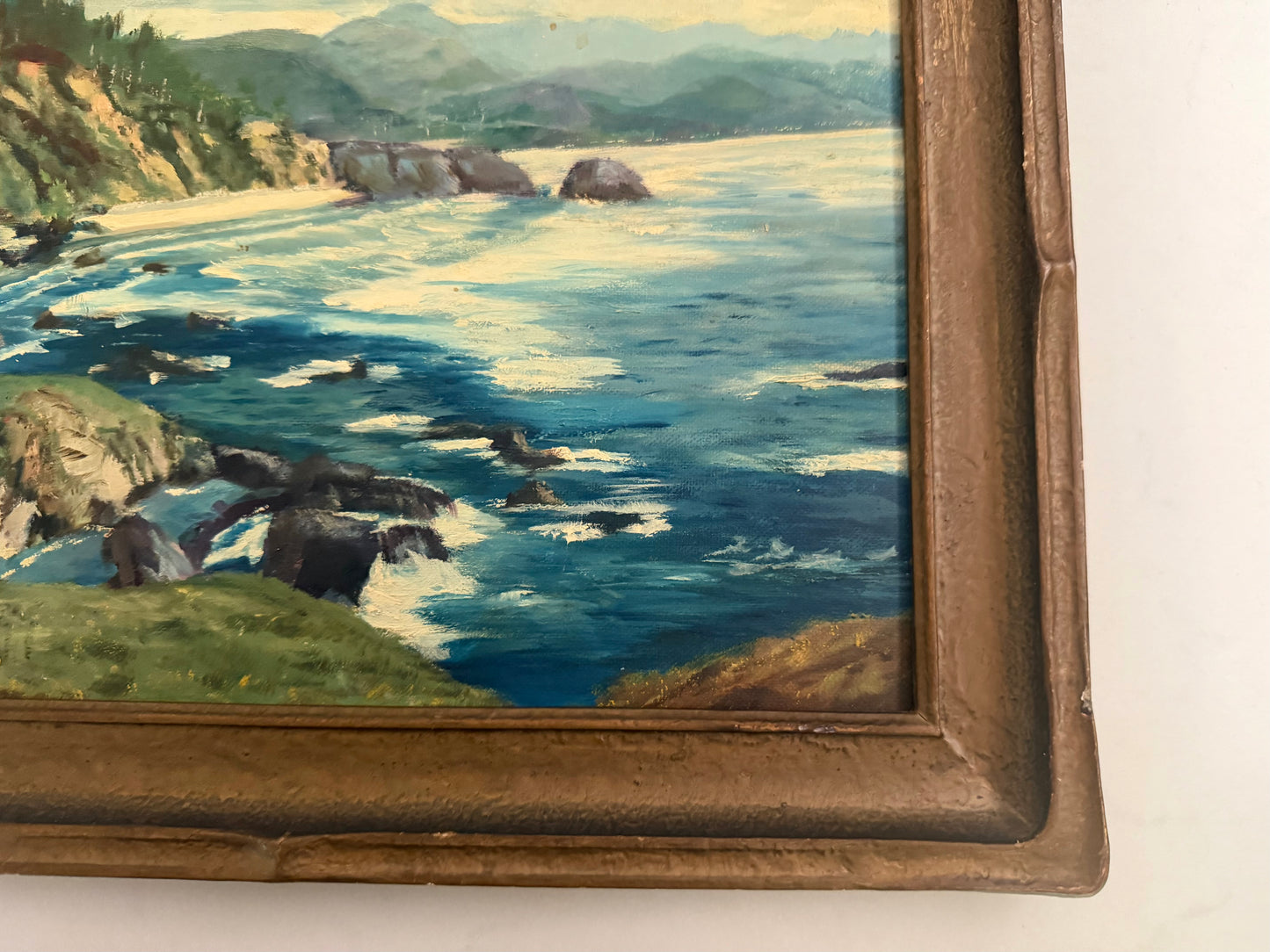 Original Artist Signed Vintage Painting on Board of a Rocky Coast Late 1920-s in Art Deco Frame