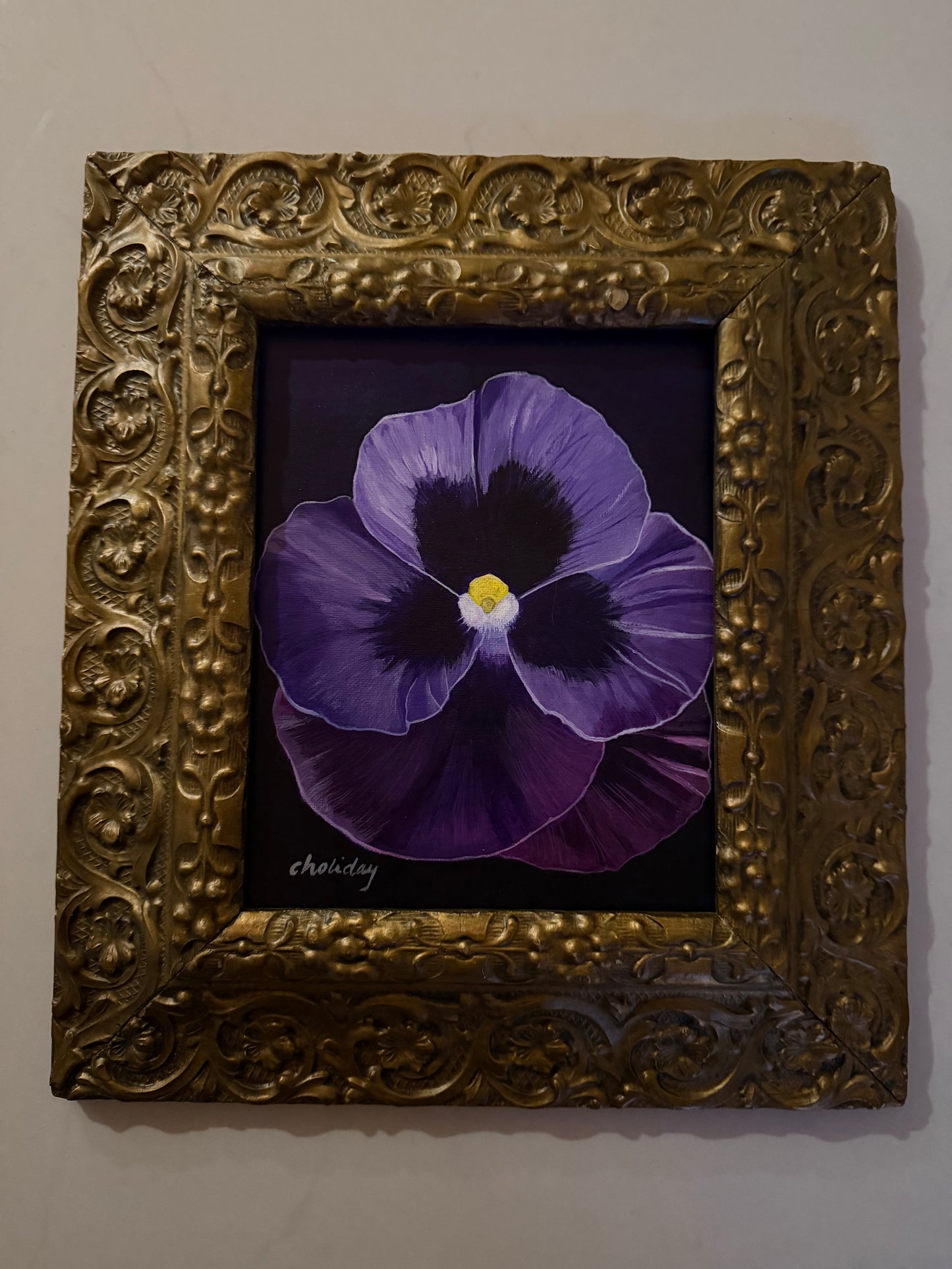 Vibrant Purple Pansy Flower in Elegant Antique Frame by Carla Holliday