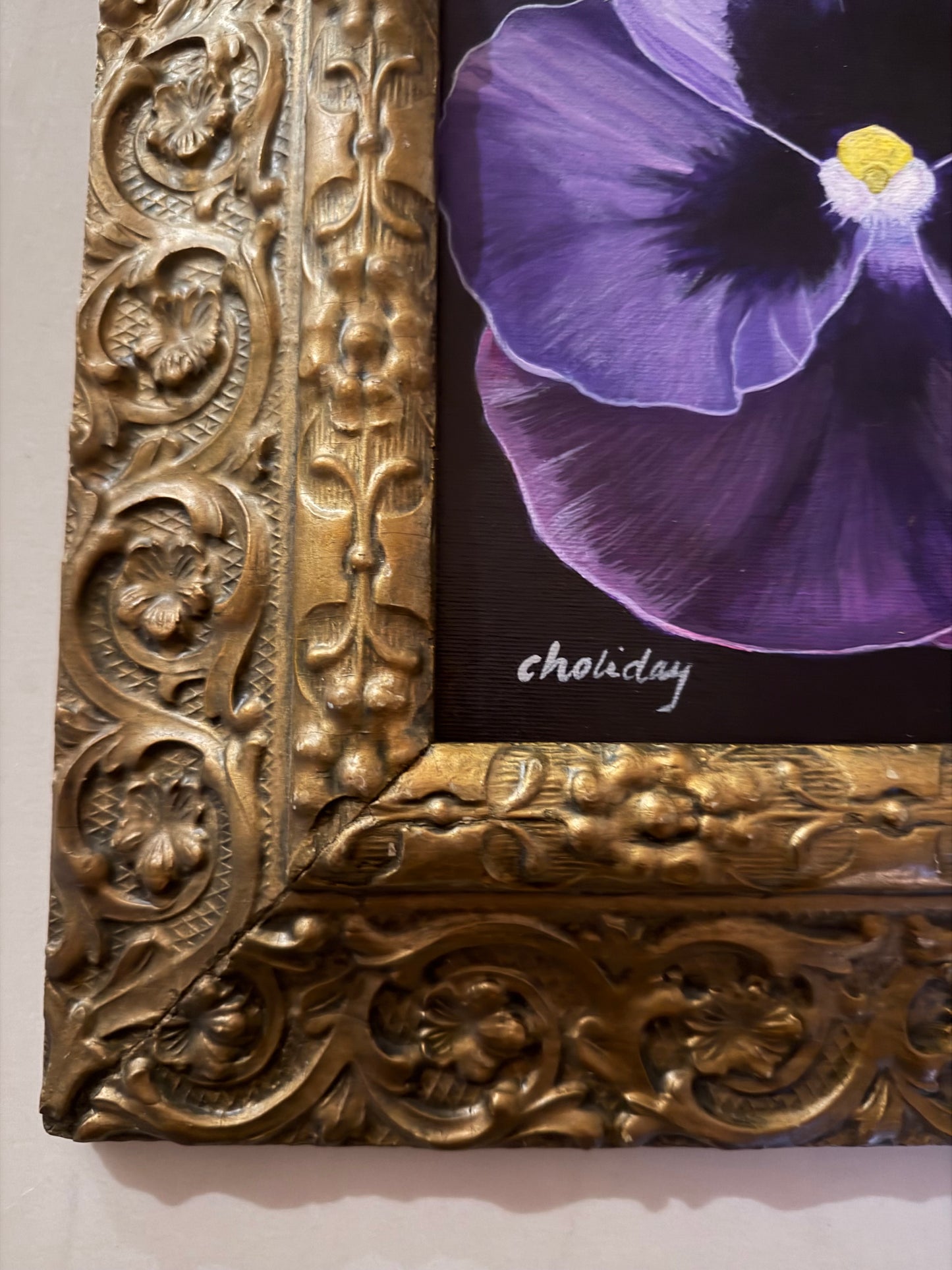 Vibrant Purple Pansy Flower in Elegant Antique Frame by Carla Holliday