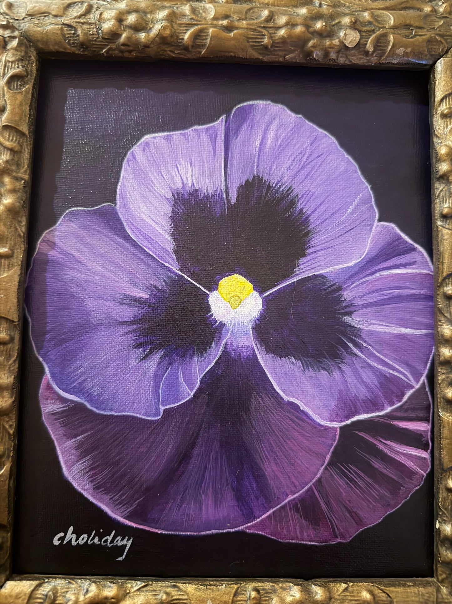 Vibrant Purple Pansy Flower in Elegant Antique Frame by Carla Holliday