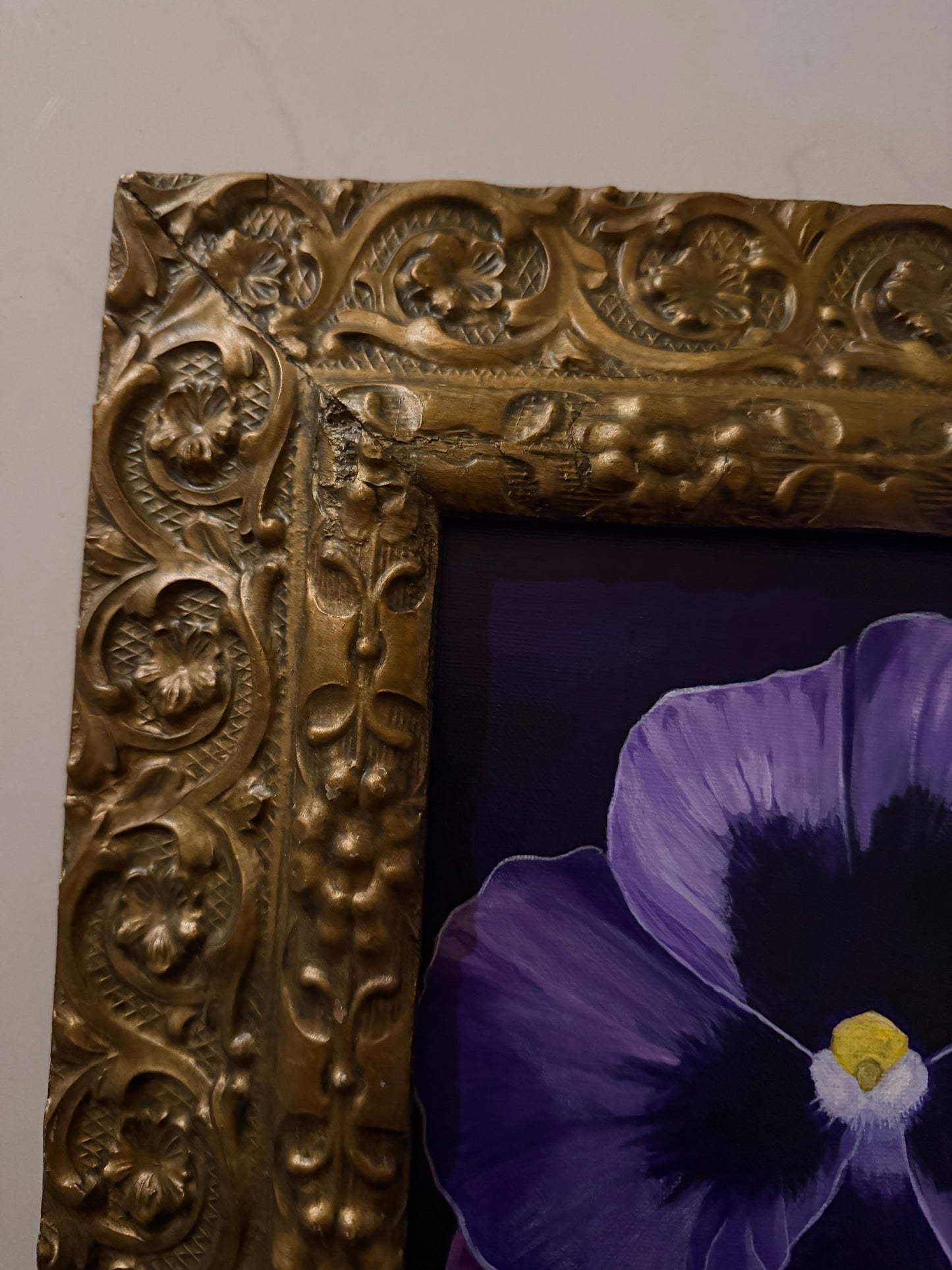 Vibrant Purple Pansy Flower in Elegant Antique Frame by Carla Holliday