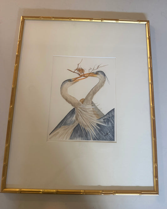 Original Water Color of Blue Herons with a Twig by Manette Kuhlmann