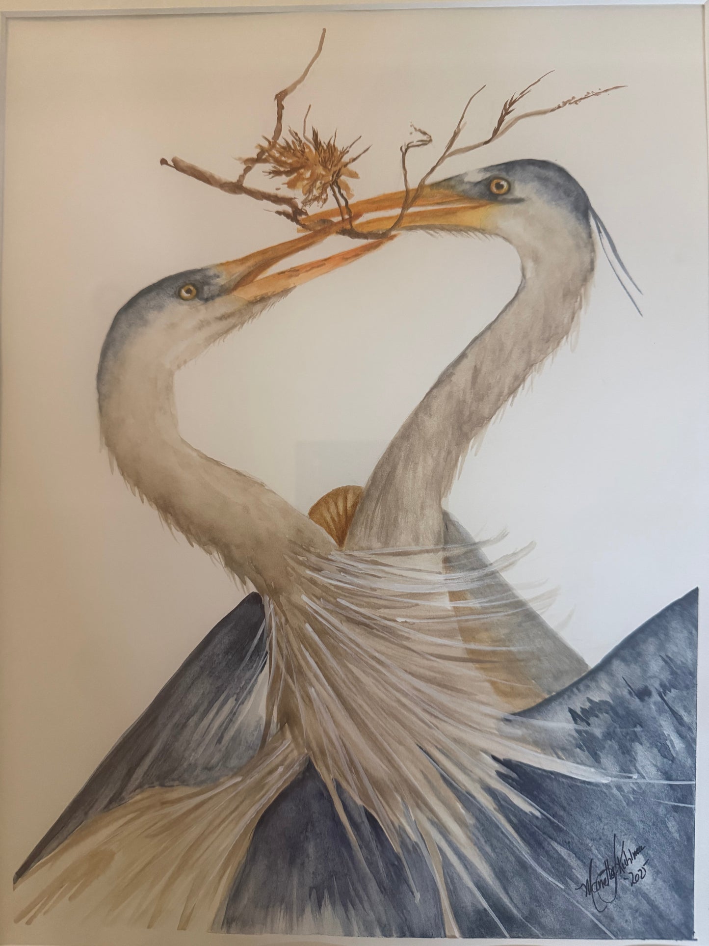 Original Water Color of Blue Herons with a Twig by Manette Kuhlmann
