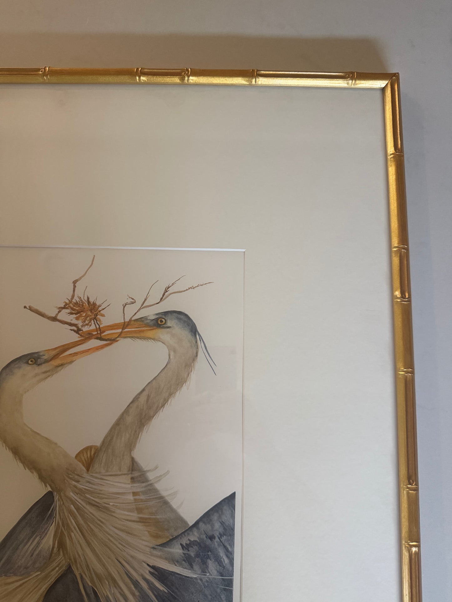 Original Water Color of Blue Herons with a Twig by Manette Kuhlmann