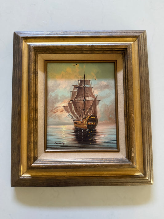 Vintage Original Oil Painting of Ship at Sea by Kennedy