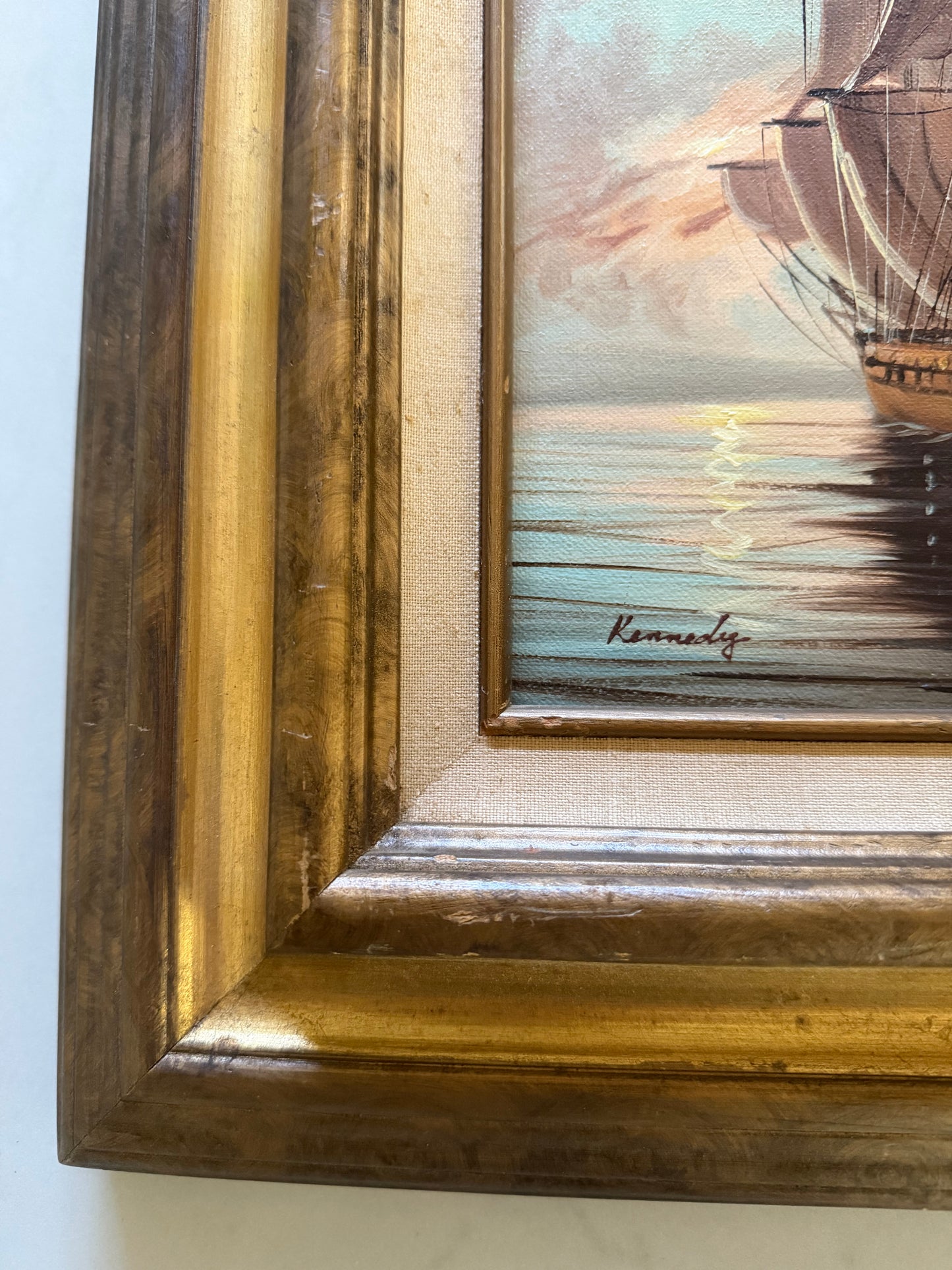 Vintage Original Oil Painting of Ship at Sea by Kennedy
