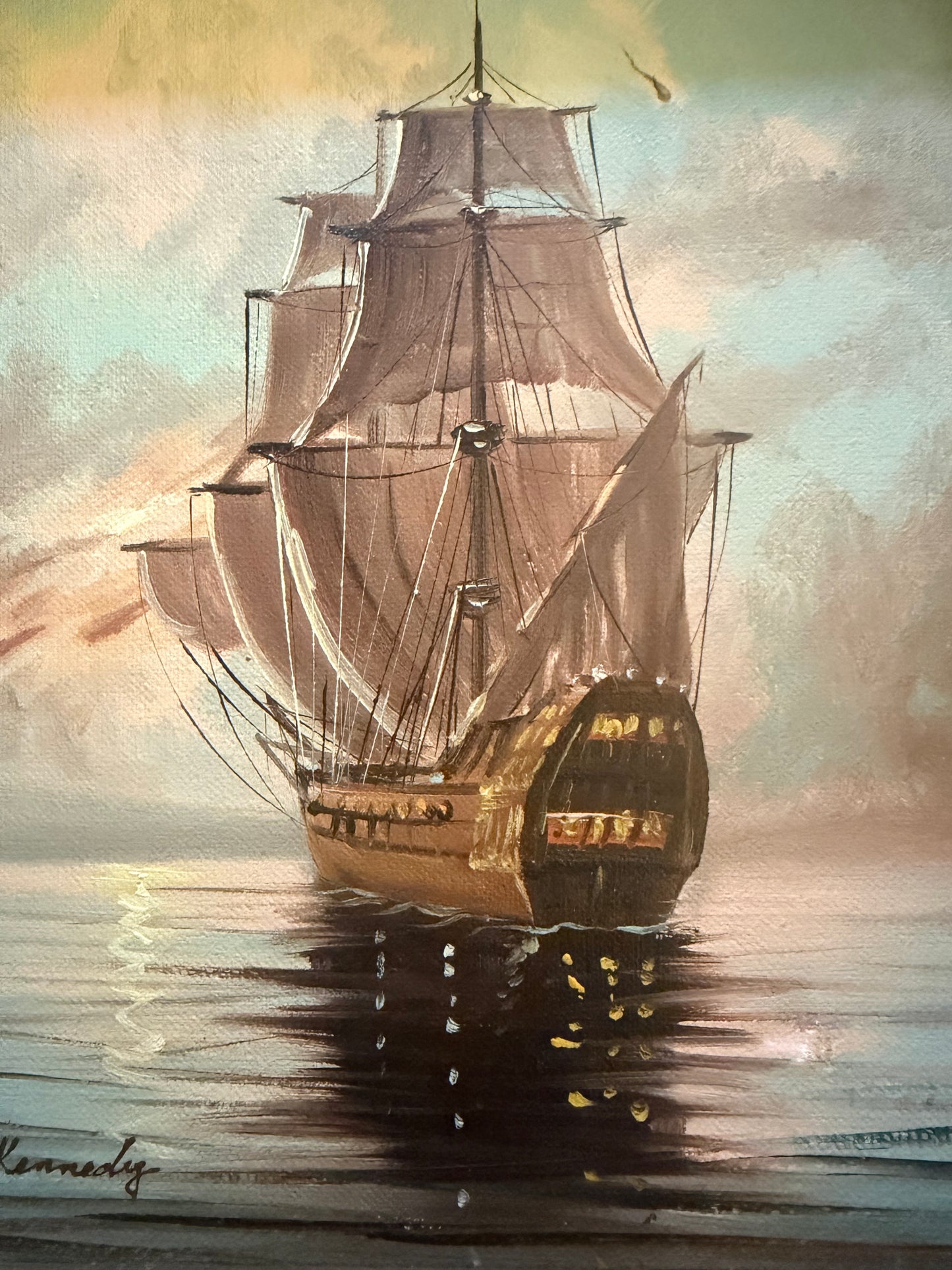 Vintage Original Oil Painting of Ship at Sea by Kennedy