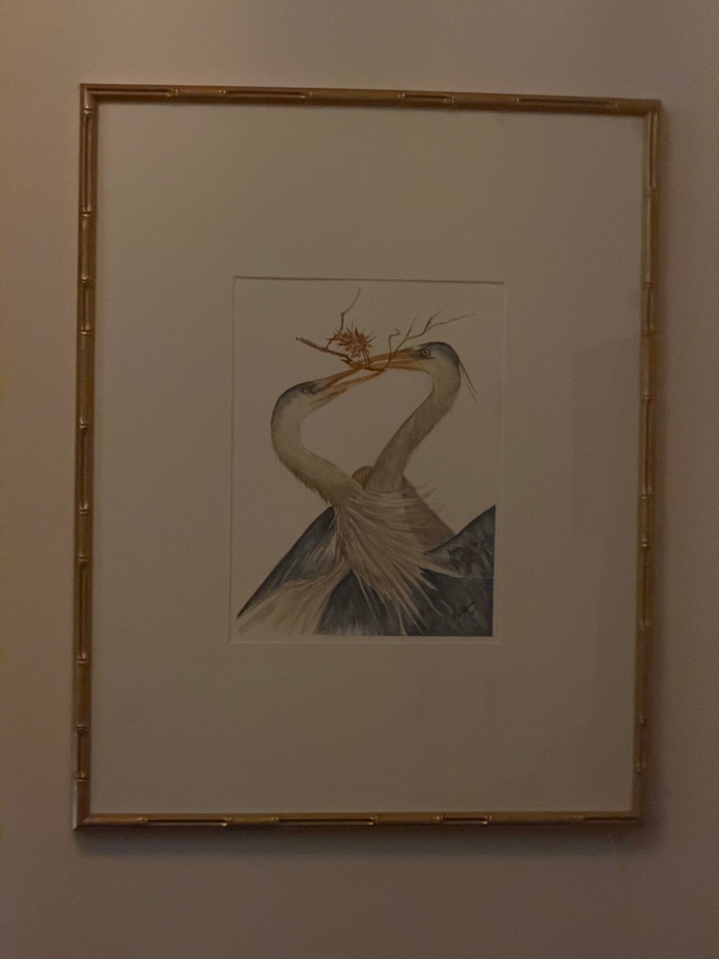 Original Water Color of Blue Herons with a Twig by Manette Kuhlmann