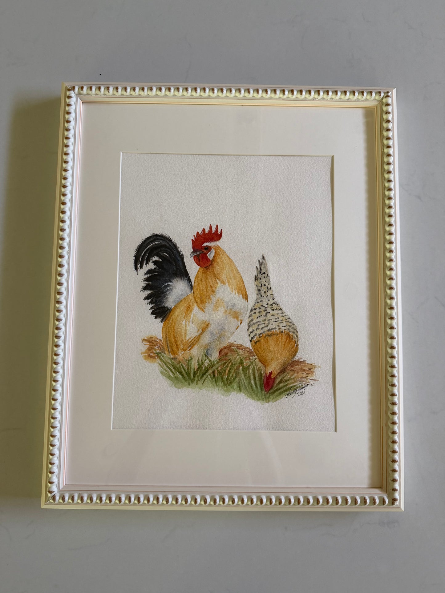 Original Hand-Painted Rooster and Speckled Hen by Manette Kuhlman