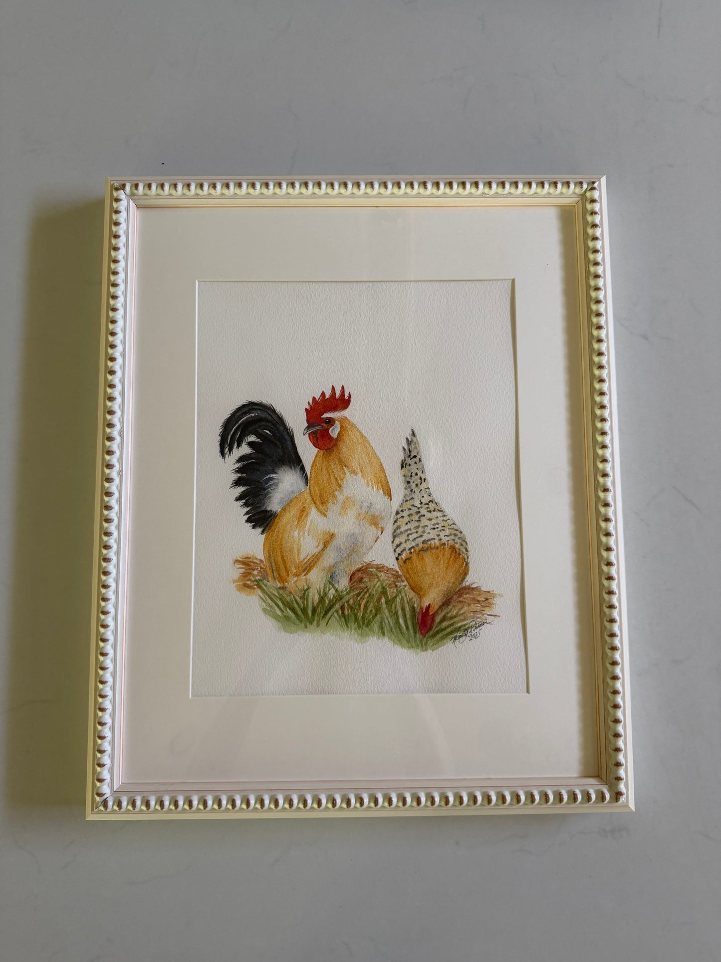 Original Hand-Painted Rooster and Speckled Hen by Manette Kuhlman