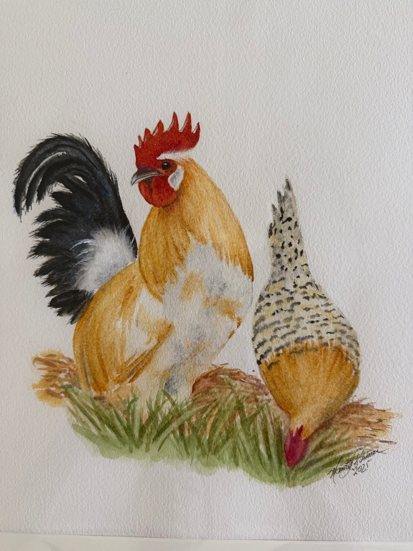Original Hand-Painted Rooster and Speckled Hen by Manette Kuhlman