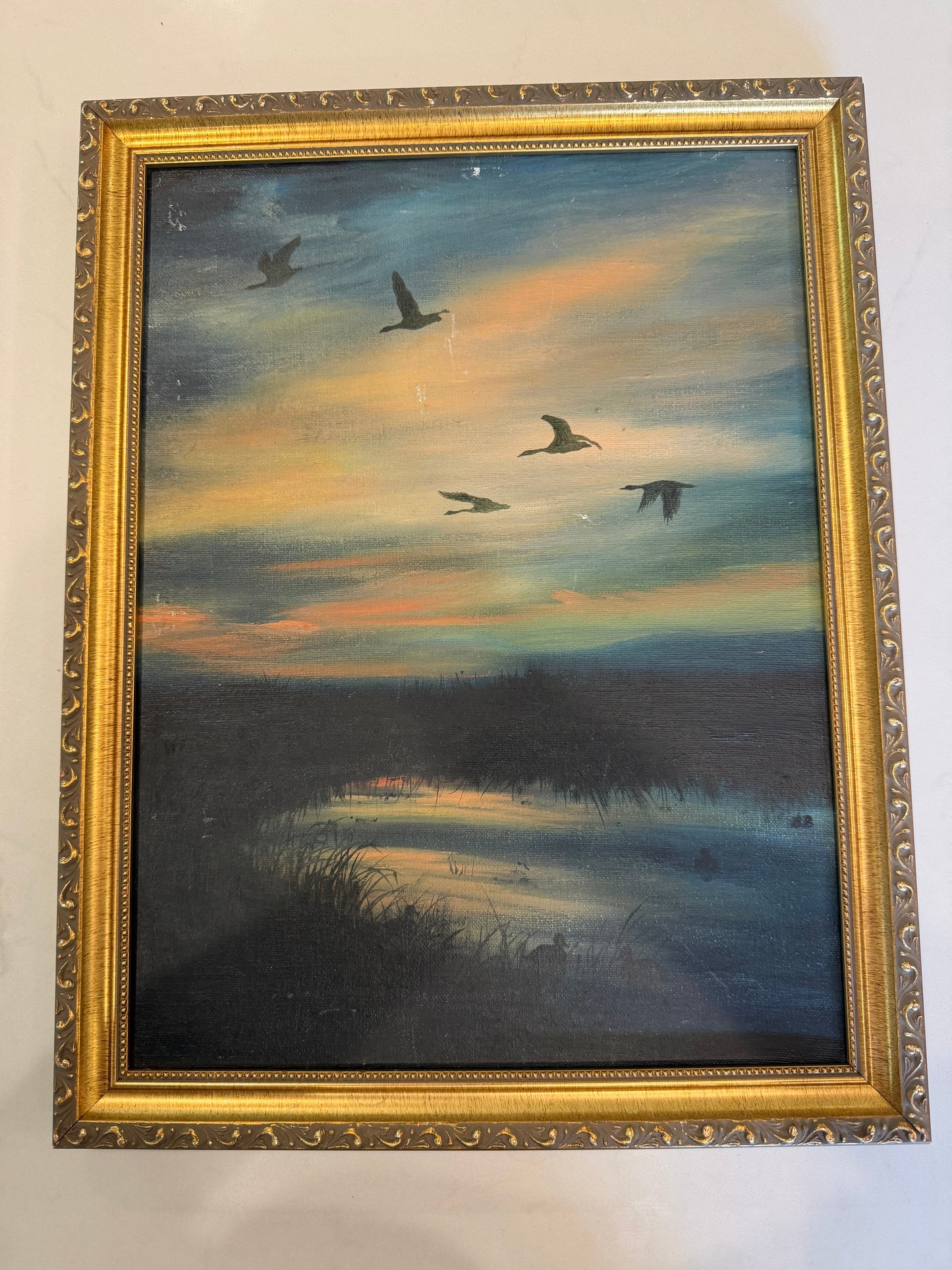 Ducks Flying Over a Marsh Oil Painting