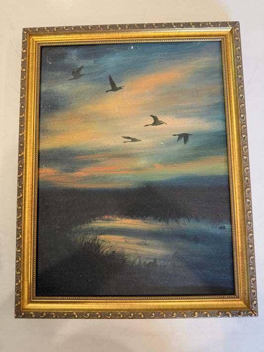 Ducks Flying Over a Marsh Oil Painting