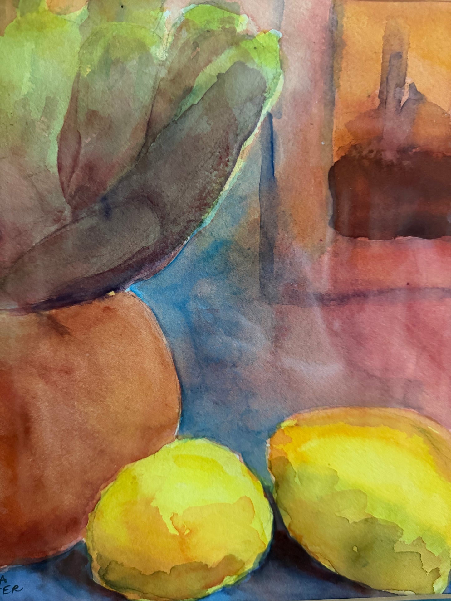 Still Life of Lemons with Cactus Water Color by Theresa Schlater