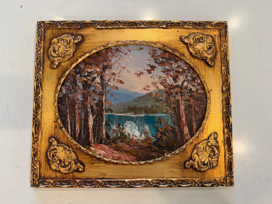 MID CENTURY OVAL OIL ON BOARD LANDSCAPE PAINTING