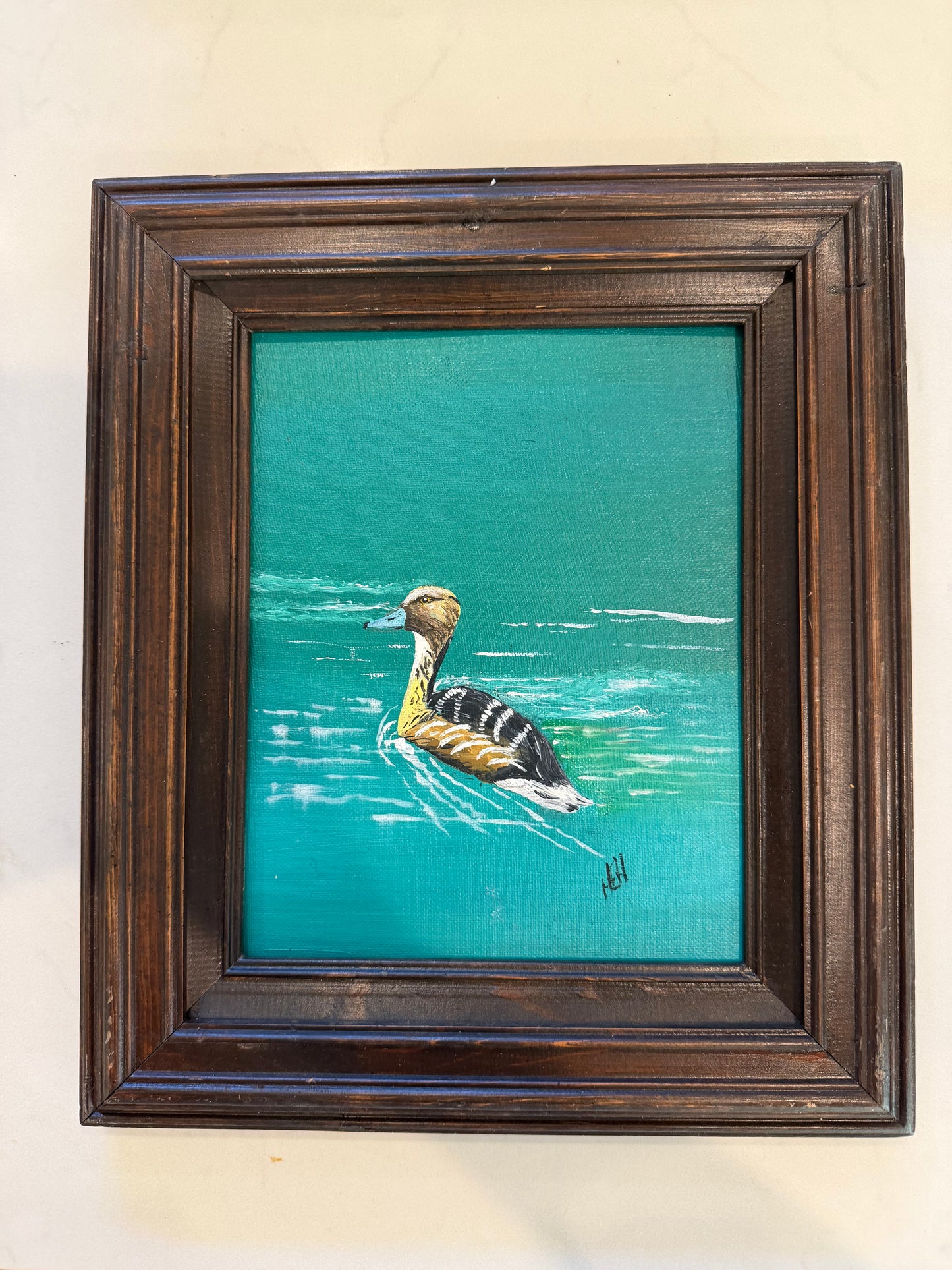 Vintage Oil Painting of Duck Swimming on Water
