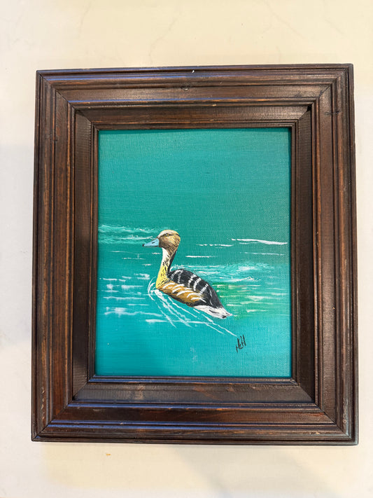 Vintage Oil Painting of Duck Swimming on Water
