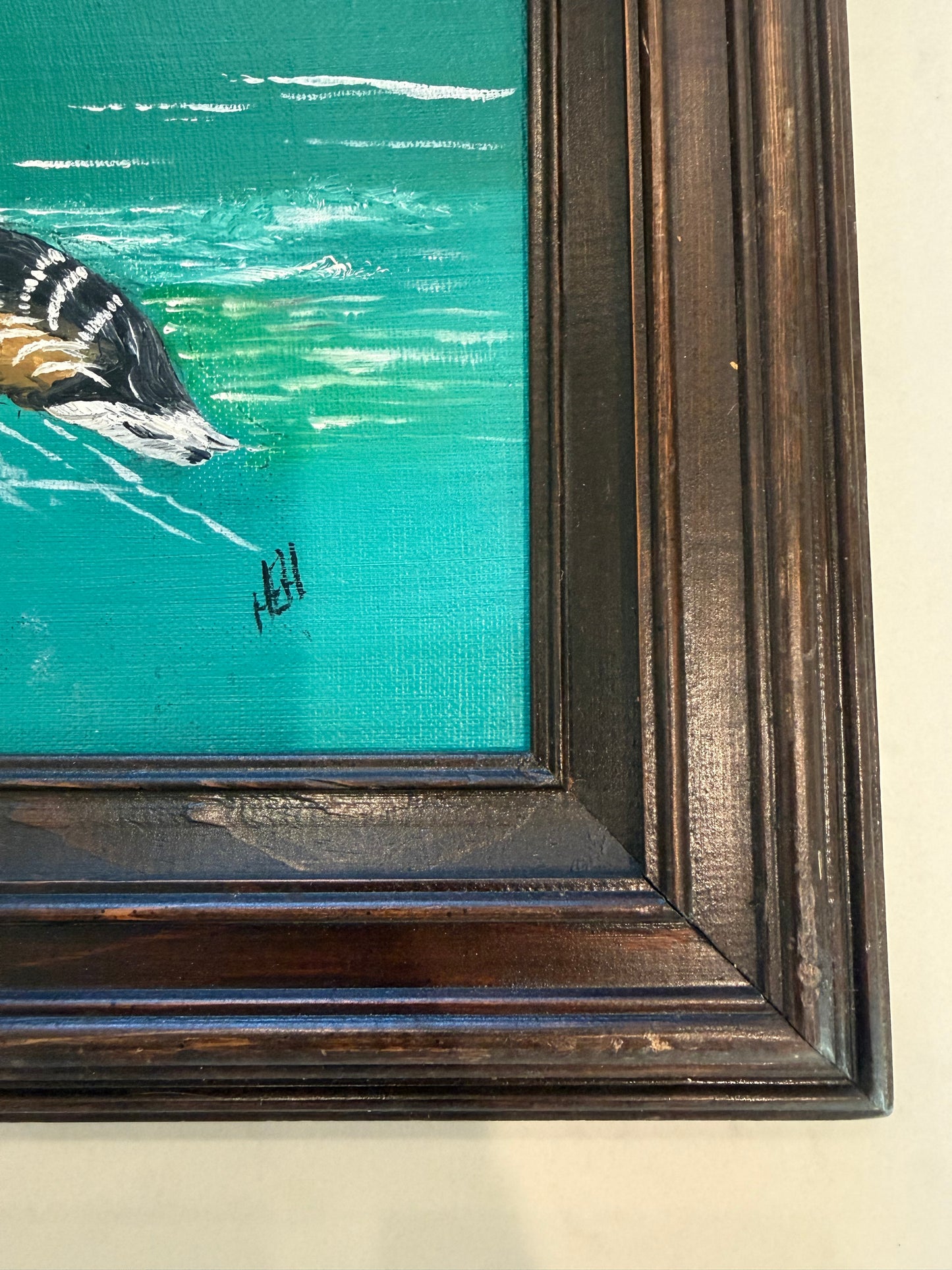 Vintage Oil Painting of Duck Swimming on Water