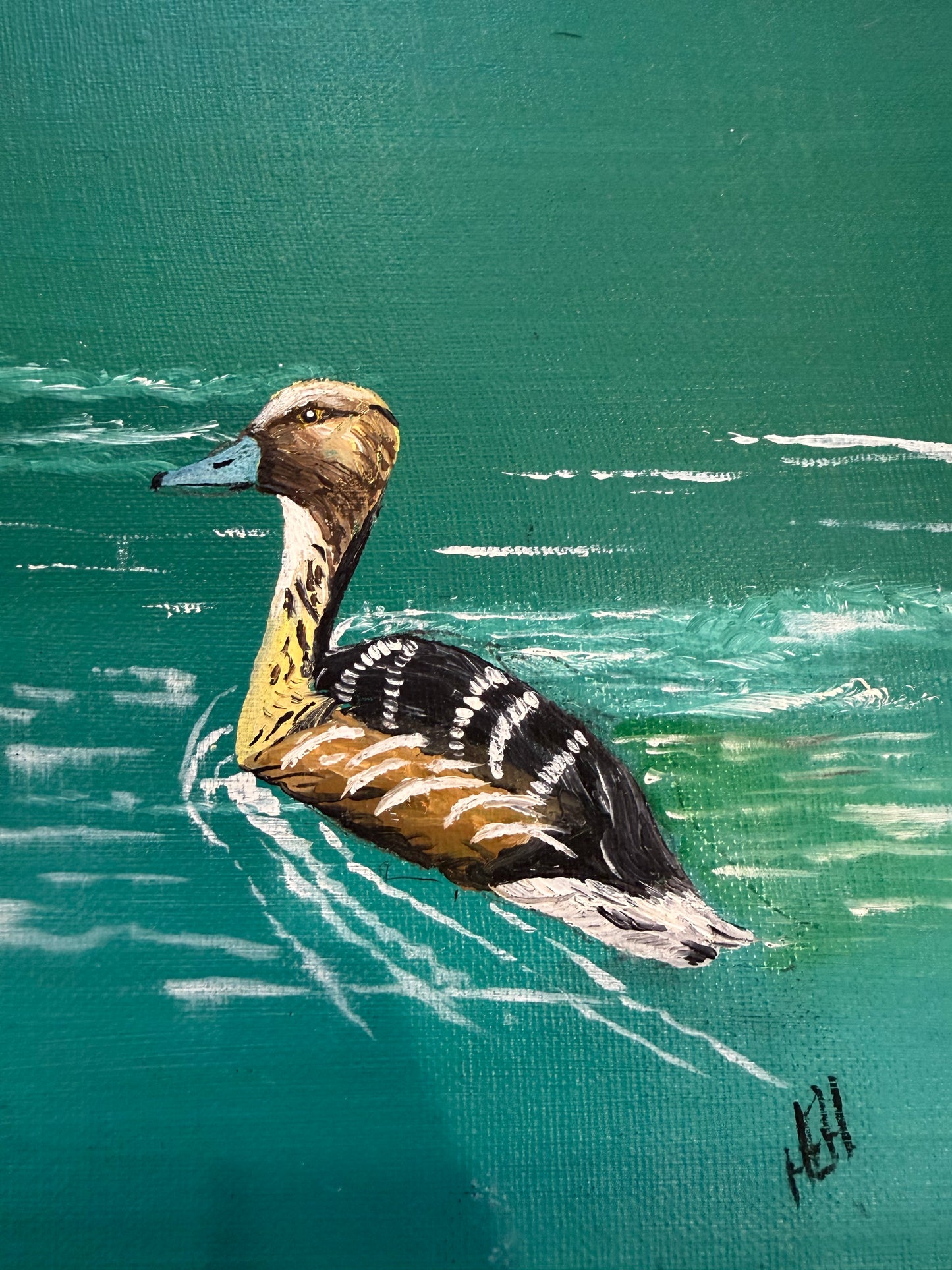 Vintage Oil Painting of Duck Swimming on Water