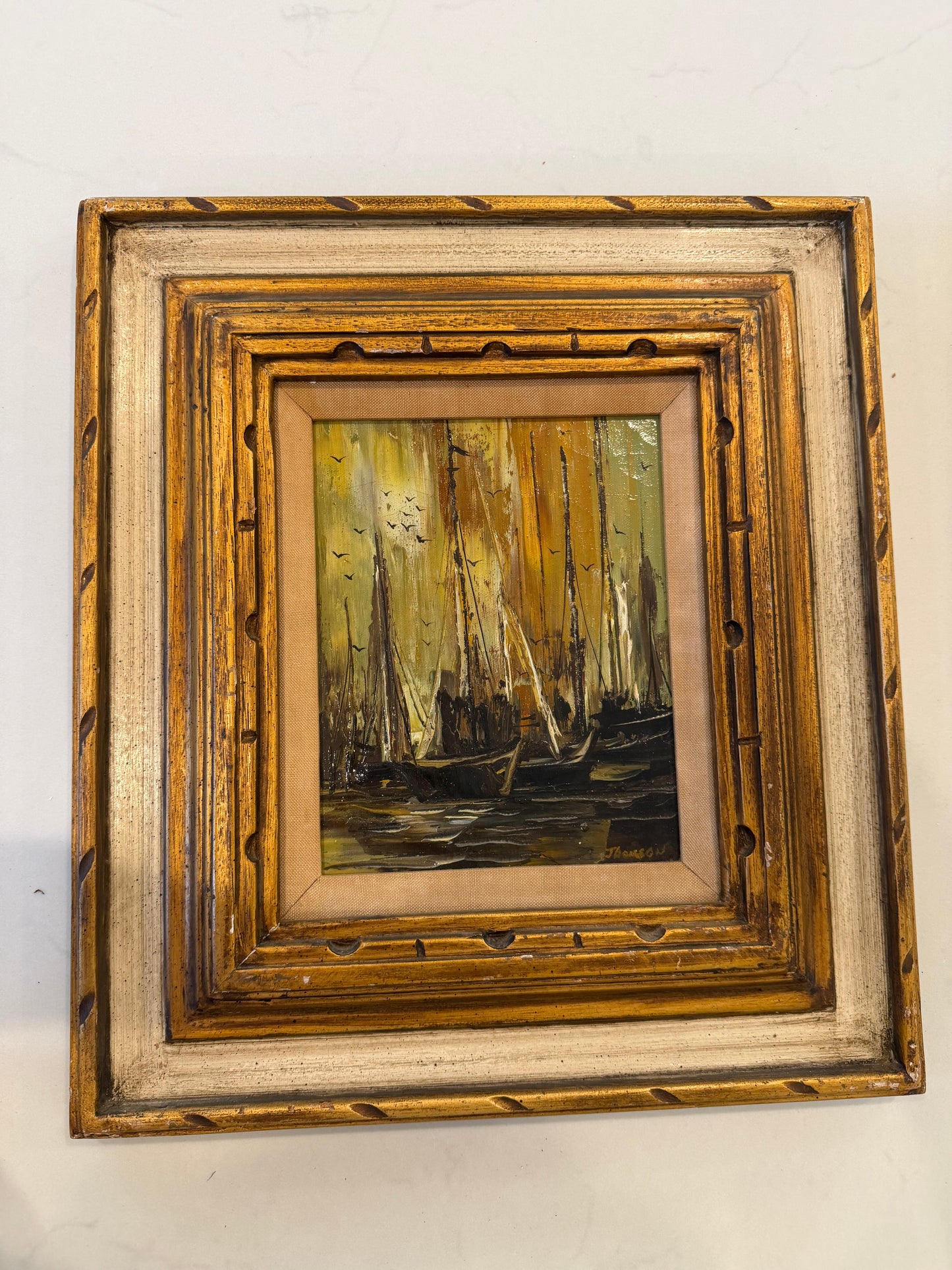 Vintage Oil Painting of Boats on Water