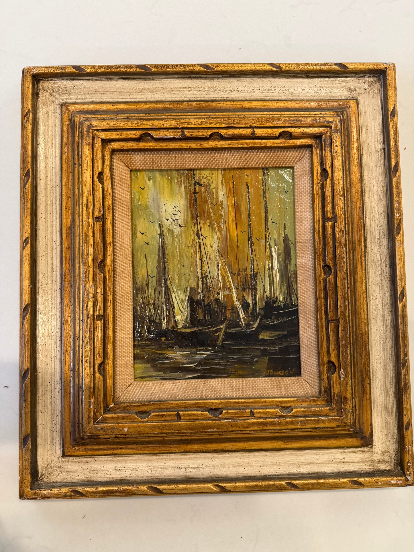Vintage Oil Painting of Boats on Water