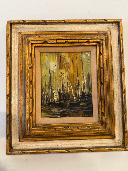 Vintage Oil Painting of Boats on Water