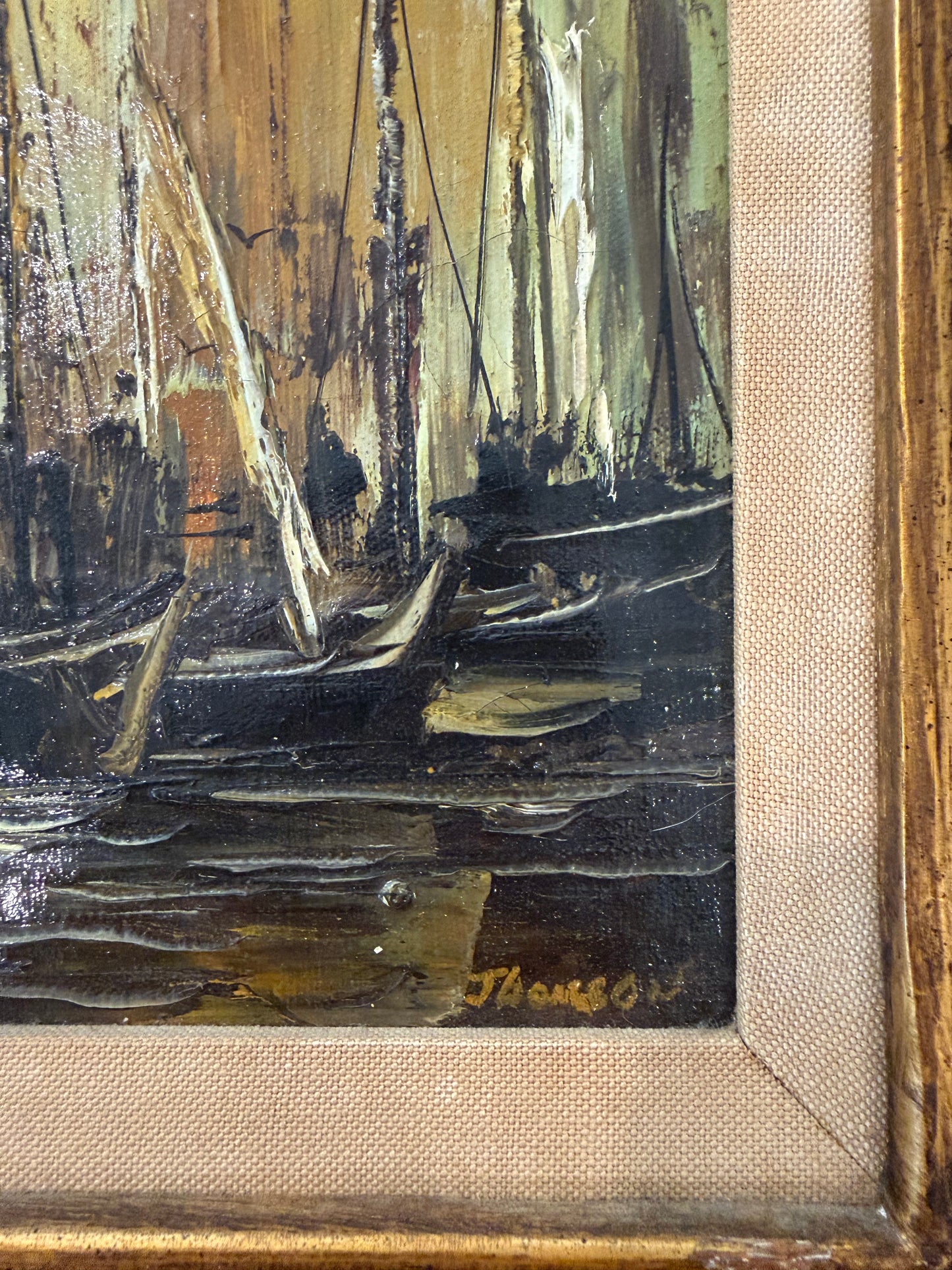 Vintage Oil Painting of Boats on Water