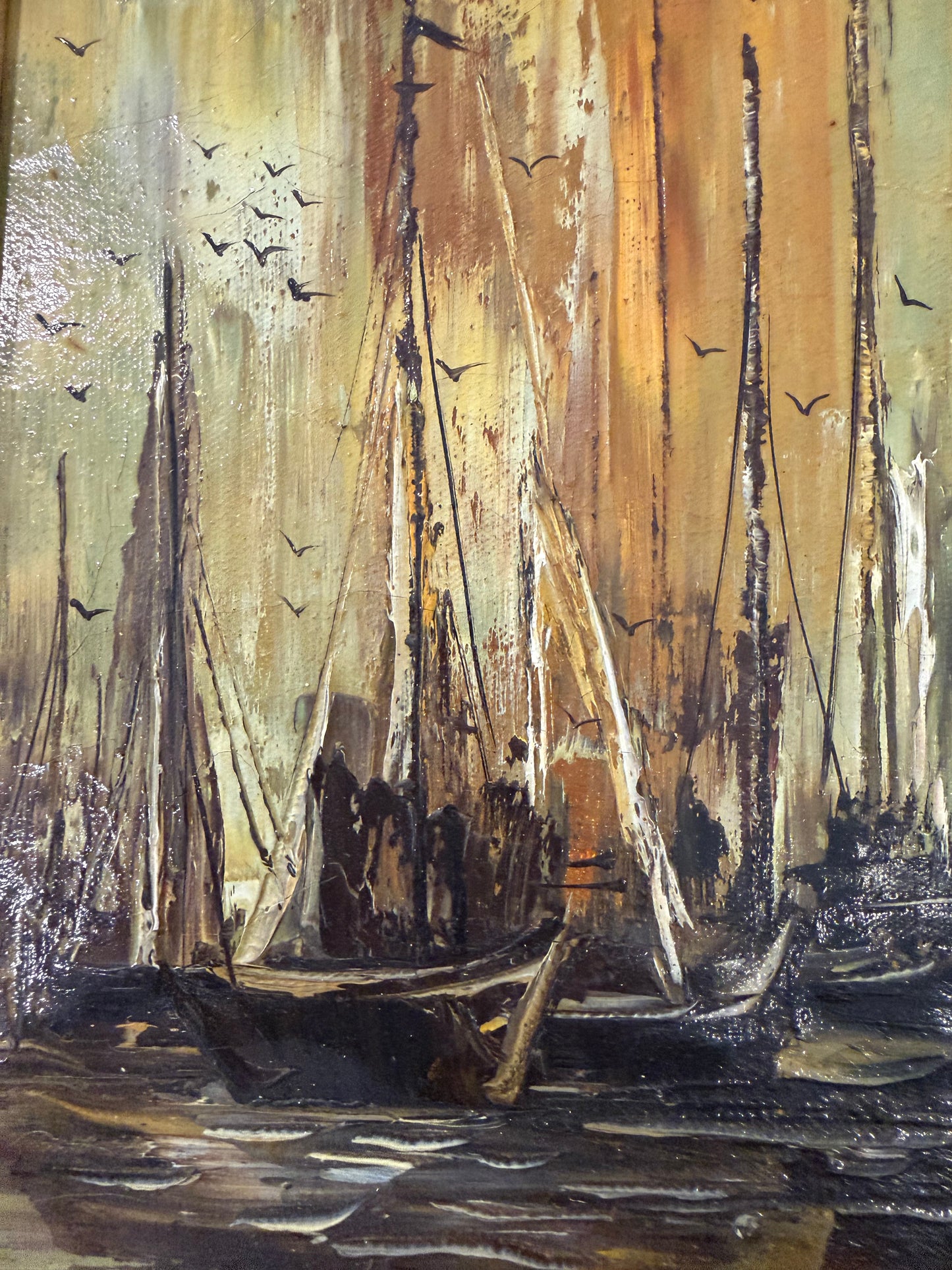 Vintage Oil Painting of Boats on Water
