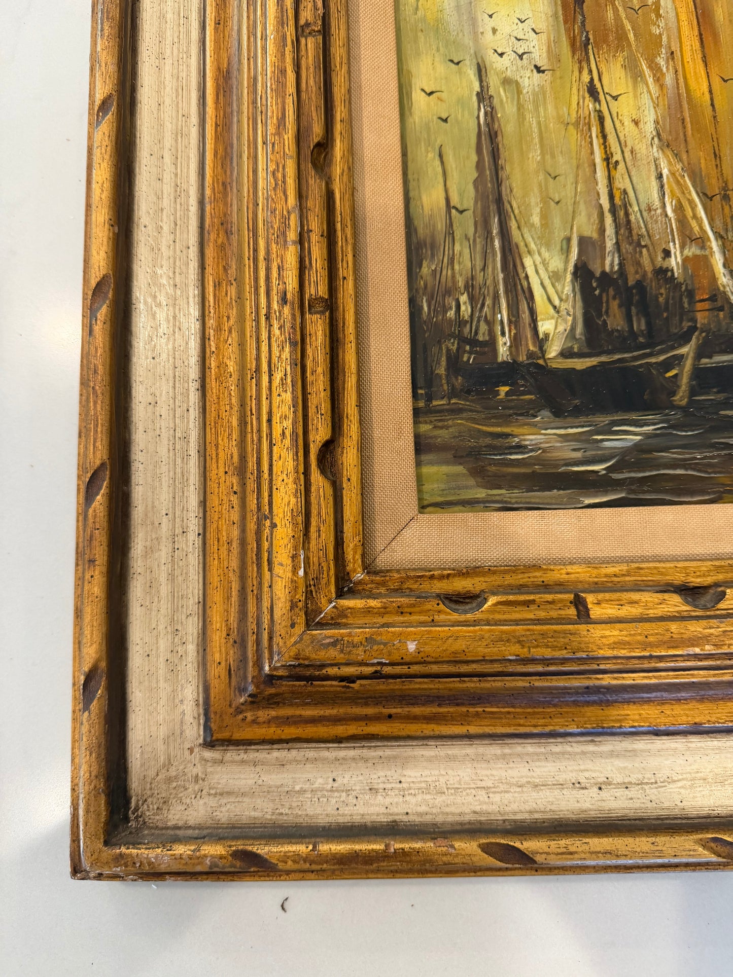 Vintage Oil Painting of Boats on Water