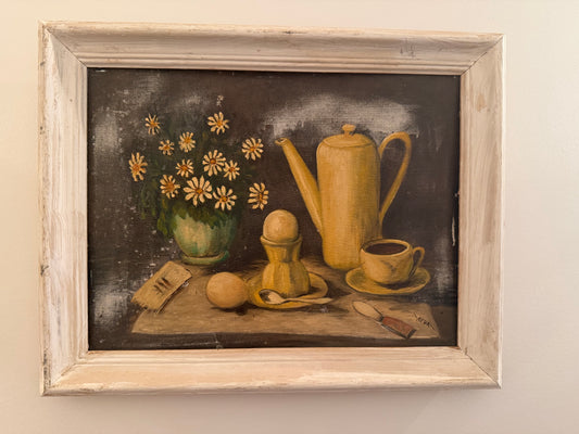 Vintage Oil Painting of Tea Set and Flowers by Neva