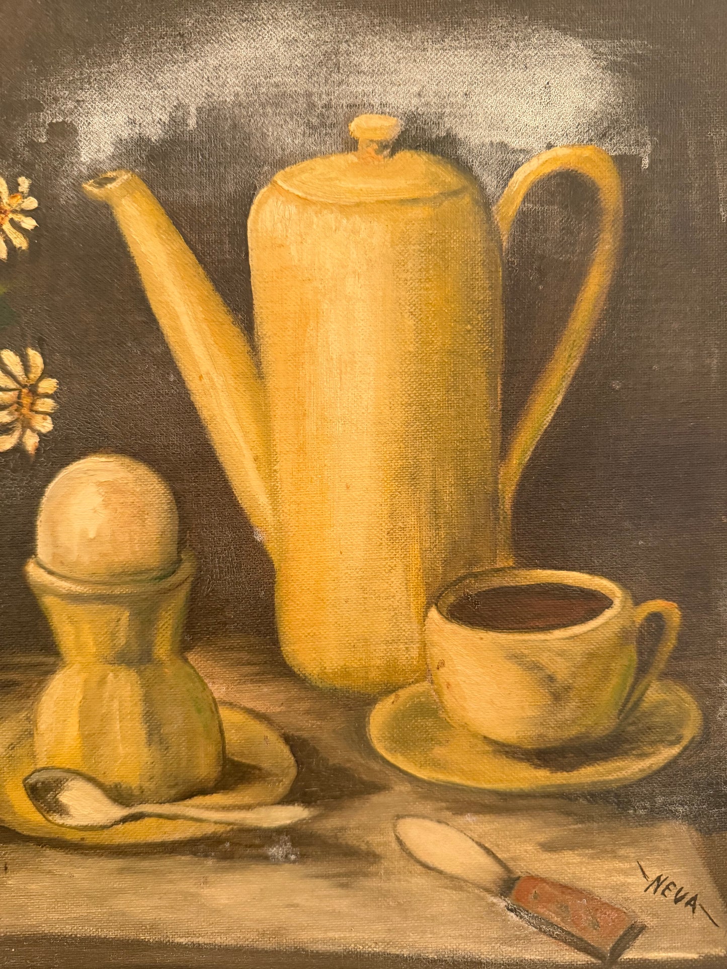 Vintage Oil Painting of Tea Set and Flowers by Neva