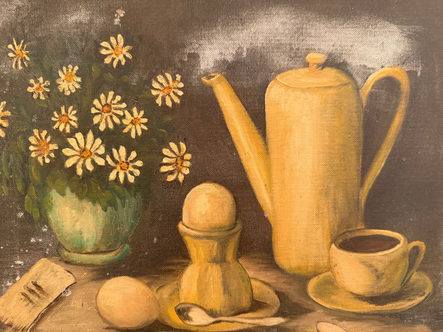 Vintage Oil Painting of Tea Set and Flowers by Neva