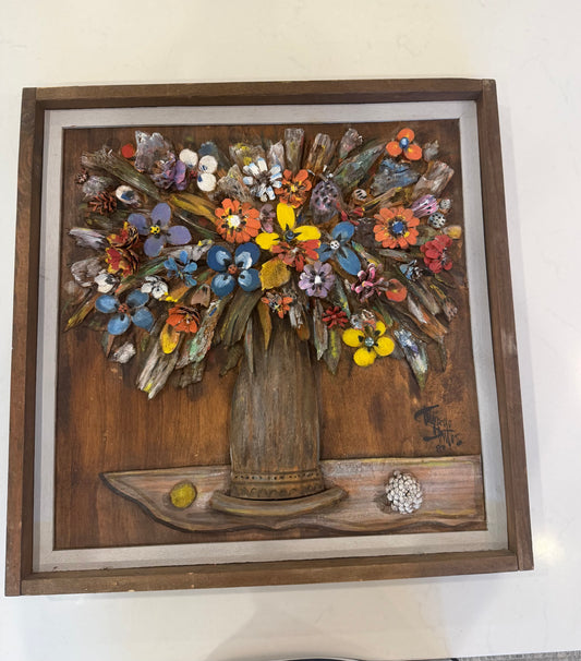 Vintage 3-dimensional Floral Still life on Wood w/Carved Flowers