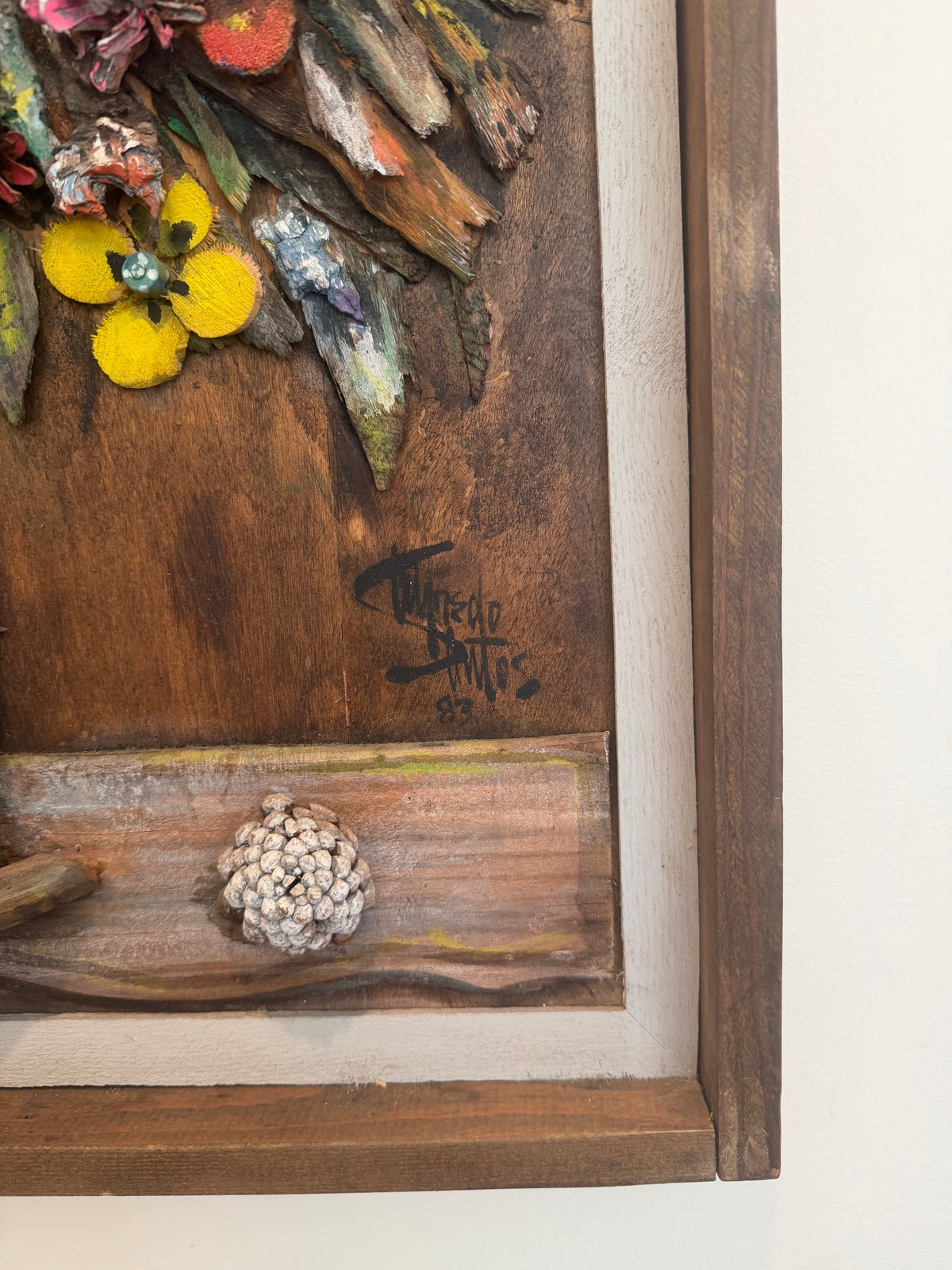 Vintage 3-dimensional Floral Still life on Wood w/Carved Flowers