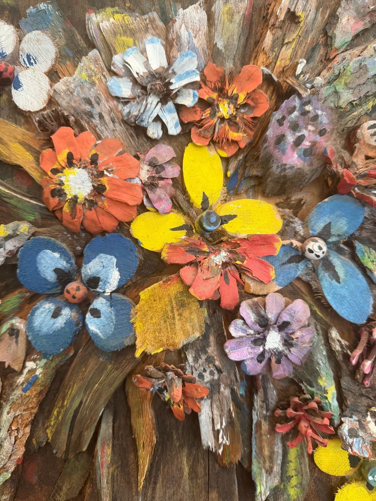 Vintage 3-dimensional Floral Still life on Wood w/Carved Flowers