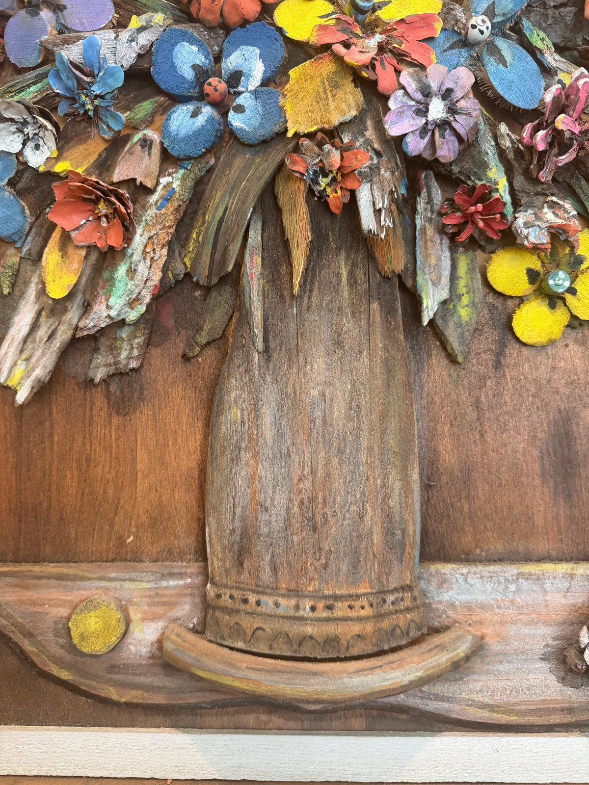Vintage 3-dimensional Floral Still life on Wood w/Carved Flowers